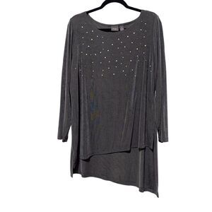 Chico's Travelers Size 3 Gray Stretch Slinky Rhinestone Asymmetric Tunic Top XL